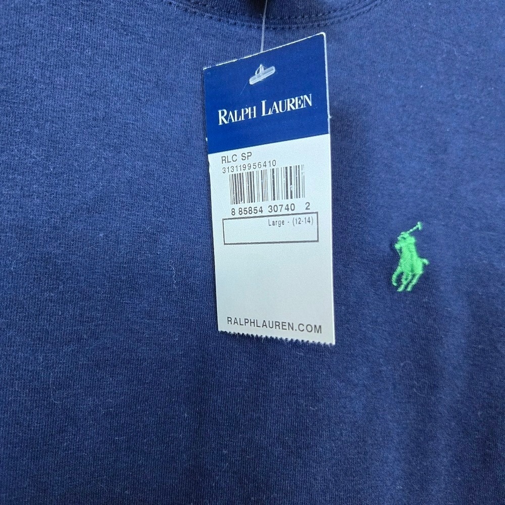 Vtg Ralph Lauren Girls Navy Pony Logo Cotton Long-Sleeve Y2K Tee Large 12/14 NEW - Picture 3 of 5